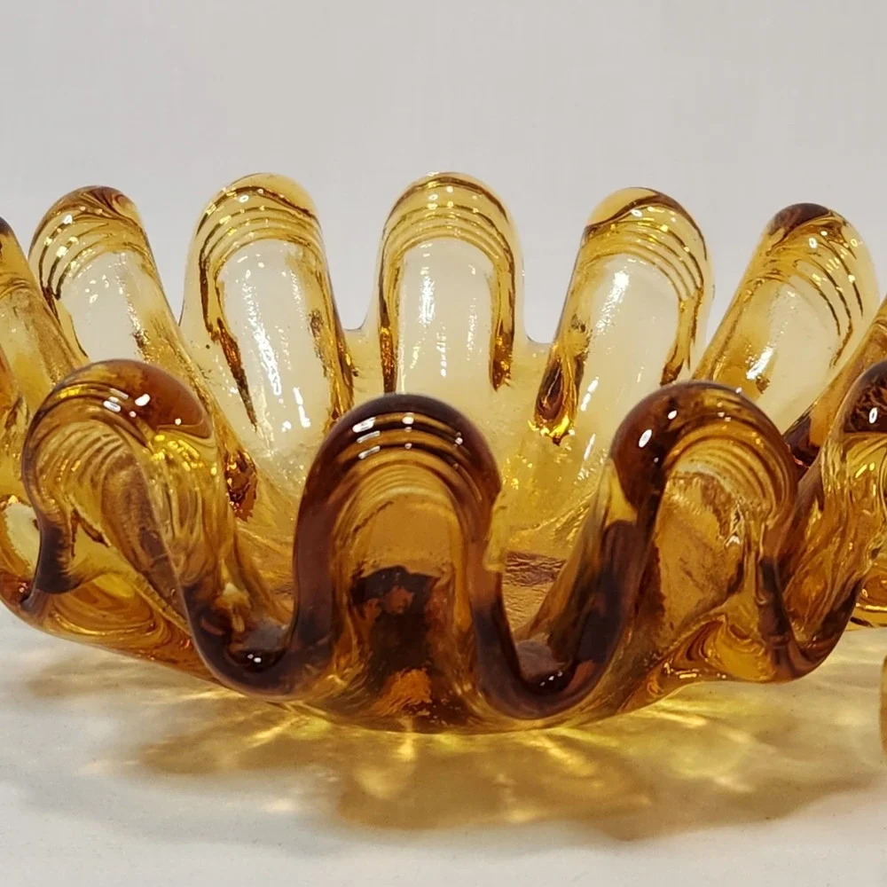 Vintage‎ Amber Art Glass Ruffled Finger Bowl Set 3 Mid Century Modern Honey Gold